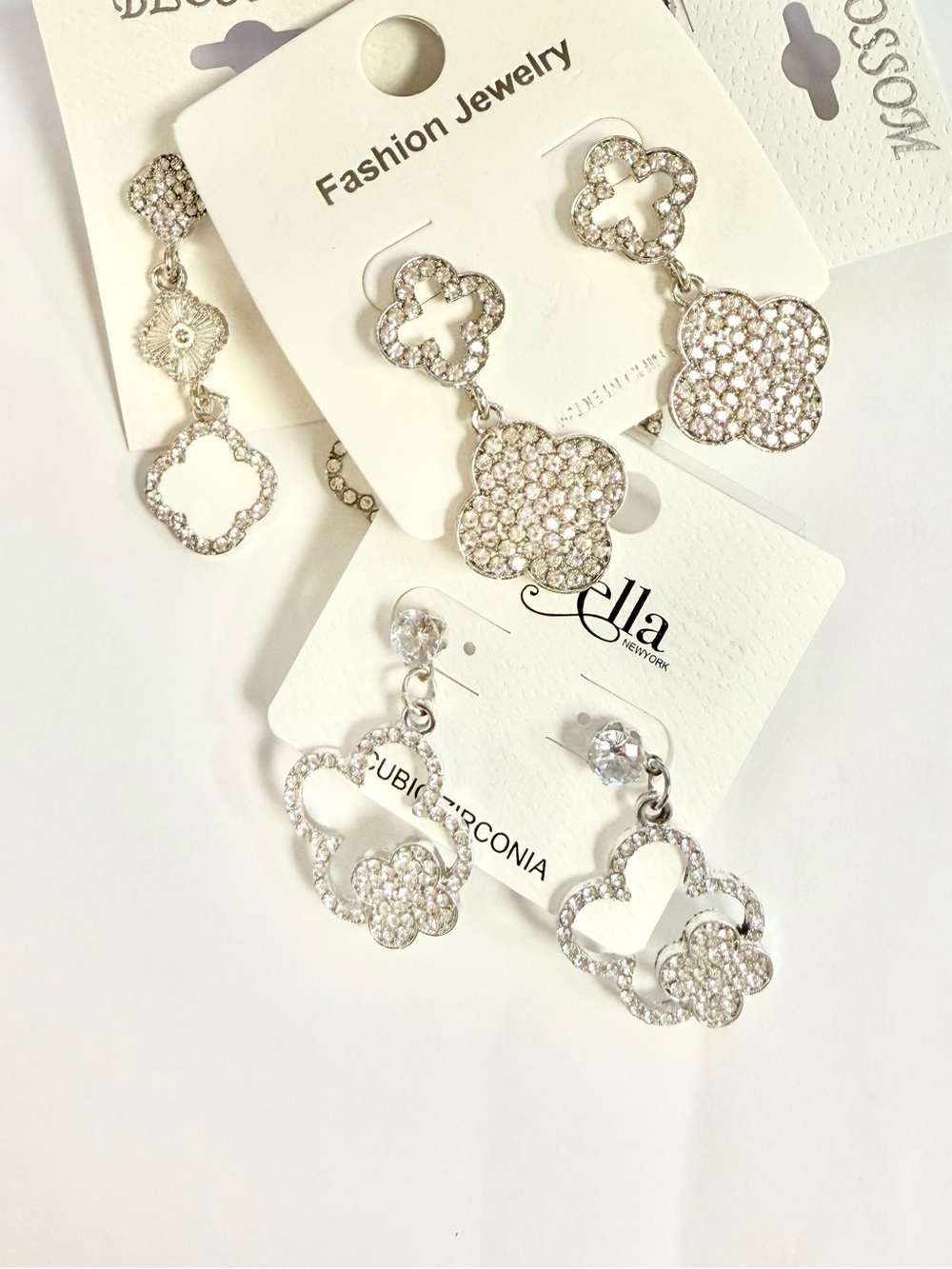 Silver Crystal Clover Drop Earrings